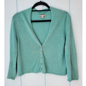 J. Jill Linen Cardigan Mother of Pearl Buttons 3/4 Sleeves Turquoise Blue Easter